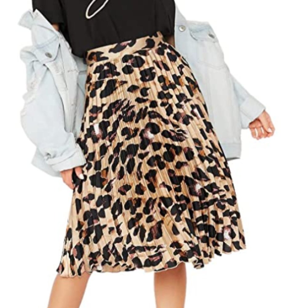 Mid Waist Leopard Pleated Satin Skirt